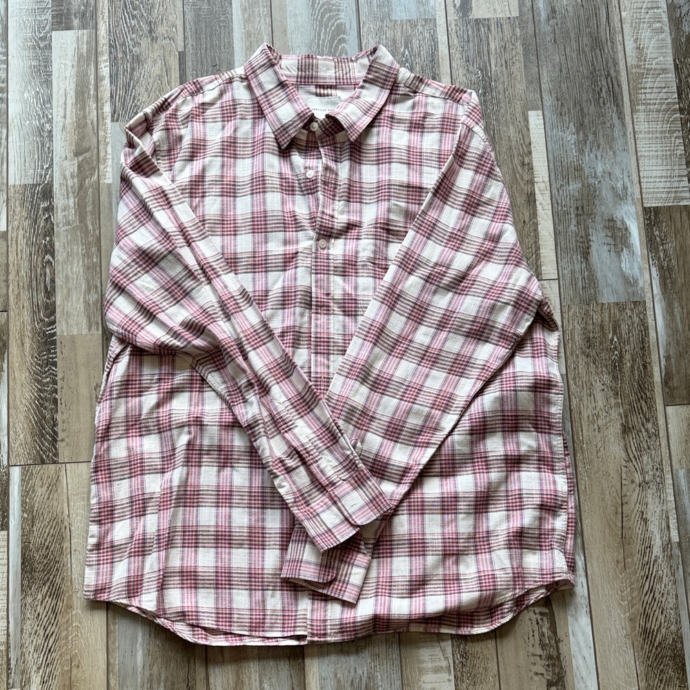 Men's Plaid Button-Up Shirt in Light Pink, brown,white, cream, and blue